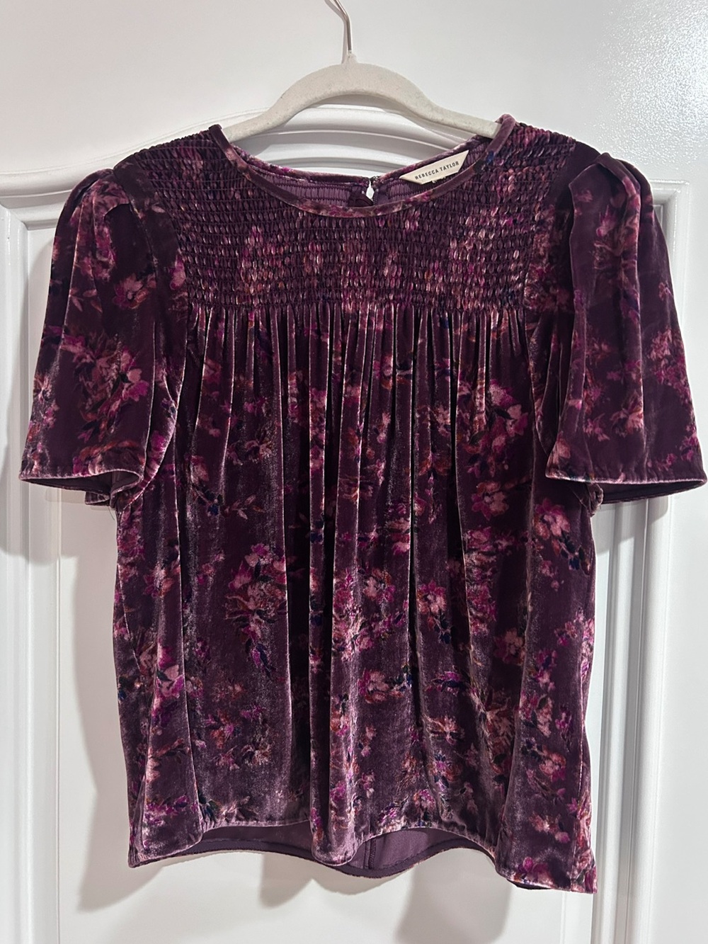 Rebecca Taylor Purple Velvet Smocked Top with Multicolor Speckle